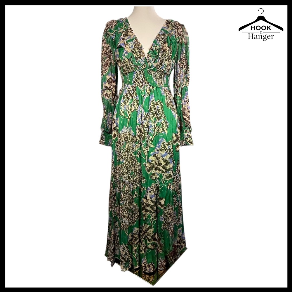 Anthropologie Odetta Ruffle DeepV Maxi Dress S Green Floral Spring Wedding Guest
